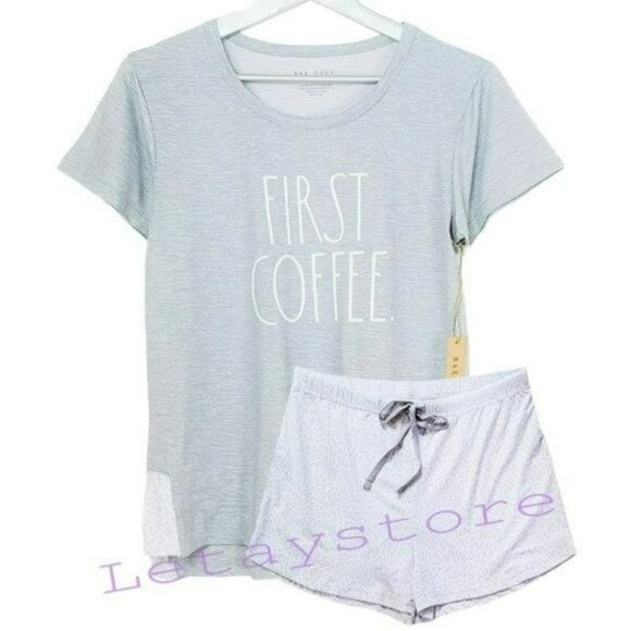 NWT RAE DUNN 2pc Ultra Soft First Coffee Tee and Shorts Pajama Set - Picture 3 of 5
